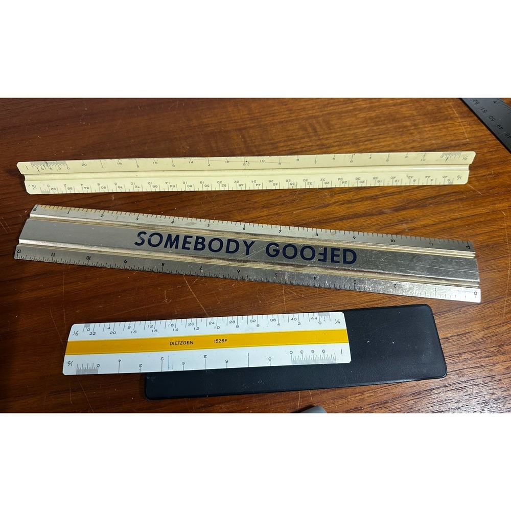 2x Vintage Dietzgen Rulers (1526P + 12" Flat Scale) & Novelty "Somebody Goofed"